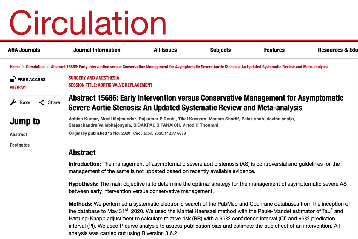 MariamShariffMD's tweet photo. Abstract 15686: Early Intervention versus Conservative Management for Asymptomatic Severe Aortic Stenosis: An Updated Systematic Review and Meta-analysis https://t.co/9wPe71BTcP 
@raj20490 @DrKumar_A @Dr_MONIL @devina_adalja @SarasVallabhMD @SidakpalP @VinodThourani 
#AHA2020 https://t.co/aDk3KHxRDD
