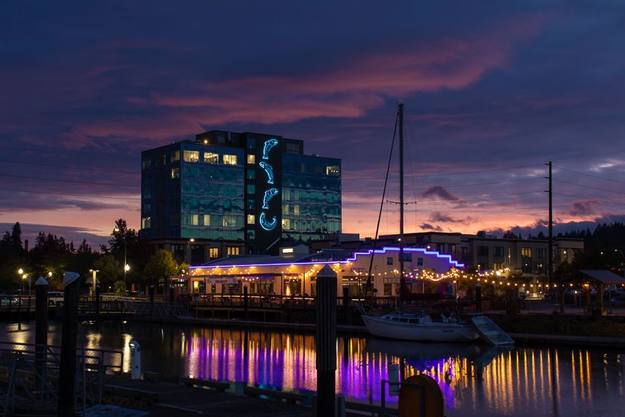 SCJAlliance's tweet photo. The Olympia waterfront at #sunset is the perfect spot to catch a glimpse of a recent #SCJLacey landscape architecture project, Views on 5th. 

It's also the time to see the salmon created by local artist Joe Seymour all lit up as they swim upstream to spawn. https://t.co/Ook0XFVCVz