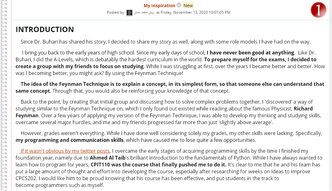 rayed1420's tweet photo. So proud to read the story of our brilliant #CPIT221 student @Ryan_Samman_ in his #weekly_writing as he inspired by @mibuhari
Interesting to read how he was inspired by @ahmad_tayeb , writing with his team a serious proposal of #CPCS202 to @iyadkatib &amp; mentioning @madinigm 😃😃😃 https://t.co/t4CMSRFR9F