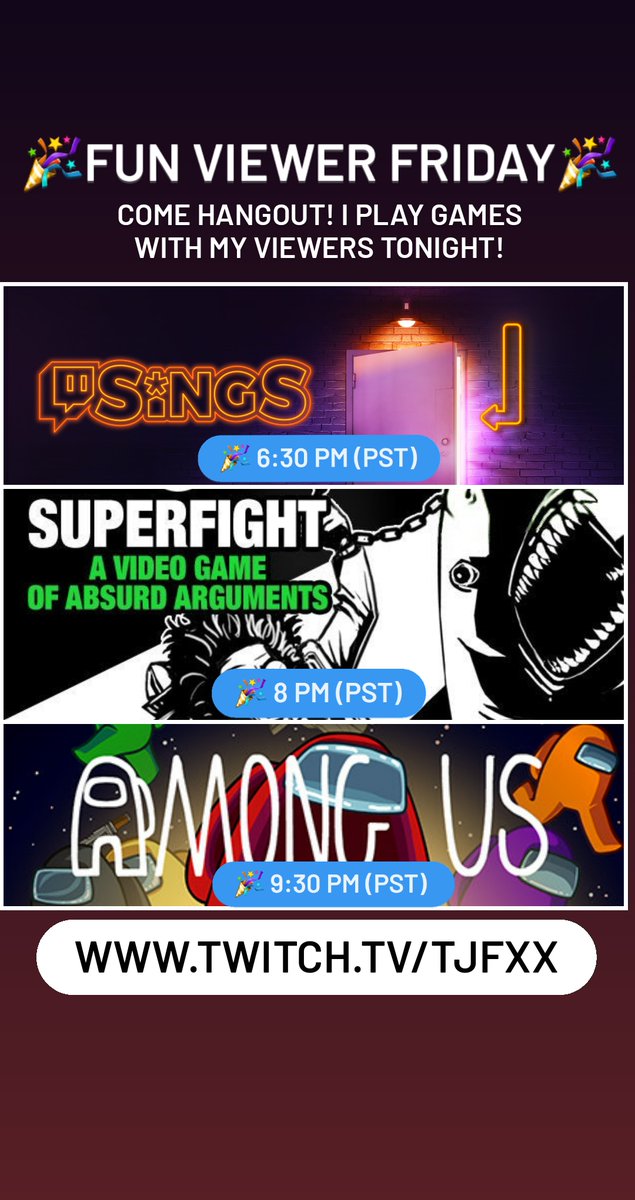 Happy Friday! Going live @ 6 PM (PST)! Feel free to stop by and join for some Twitch Sings🎤, Superfight👊 and Among Us😱! 🥳🎉🍻

twitch.tv/TJFXX

#StreamersConnected #SmallStreamerCommunity #FridayThe13th #TwitchSings #Superfight #AmongUsGame #FridayFeeling