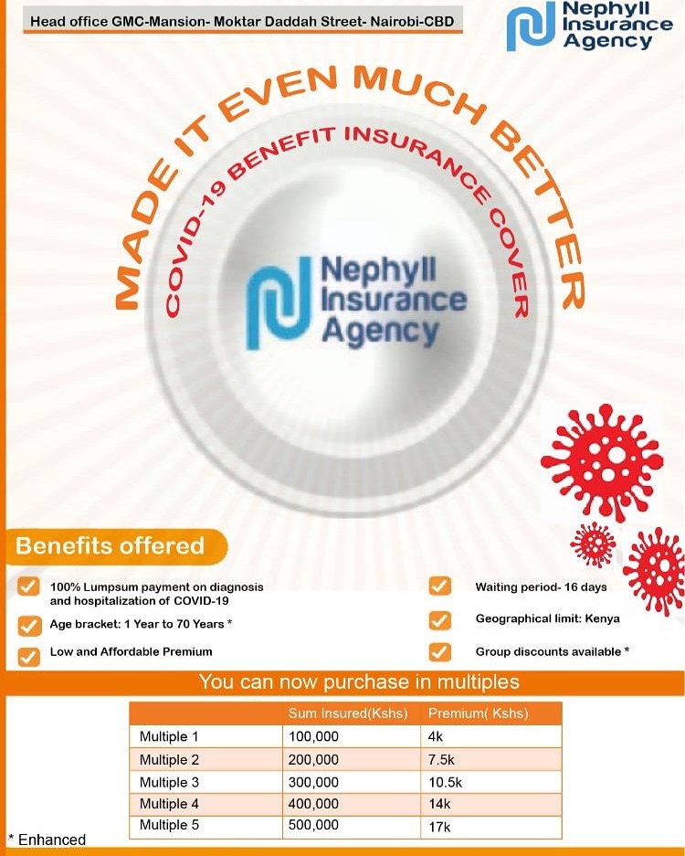 nephyll's tweet photo. Covid 19 Insurance Cover✌️✌️. Get insured today enjoy benefits like 100% Lumpsum payments on diagnosis and hospitalization of Covid 19. Ukikosa hii utaambia watu nini🤔🤔 https://t.co/Ccm5bkFWM2