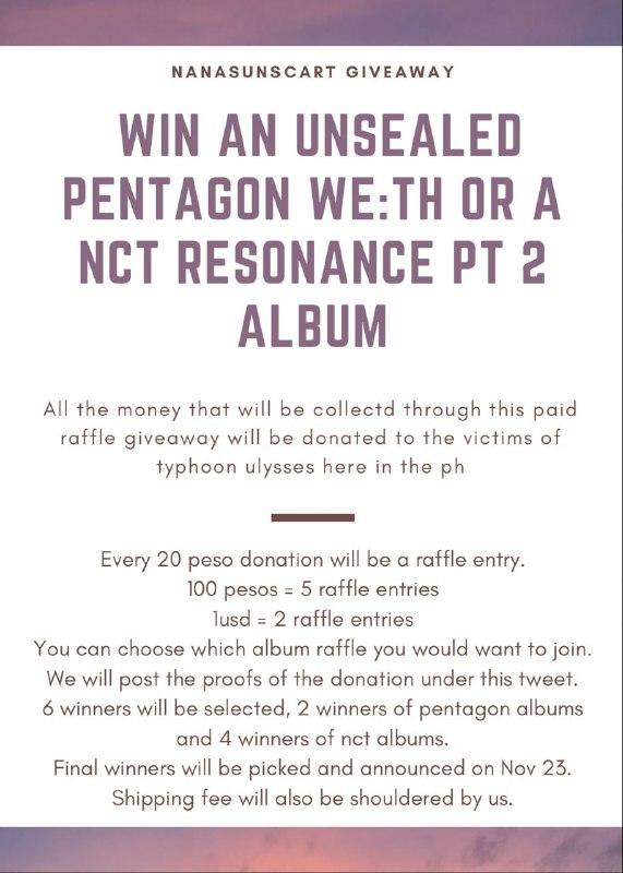 nanasunscart's tweet photo. Raffle for a cause (Open worldwide) 🇵🇭

Hello! We are hosting a donation drive that will go directly to our kababayan that were affected by the Typhoon and also get a chance to win an album of your choice~!
form: https://t.co/nzkguksAoK
#CagayanNeedsHelp #TugegaraoNeedsHelp https://t.co/24PQ7fAOvD