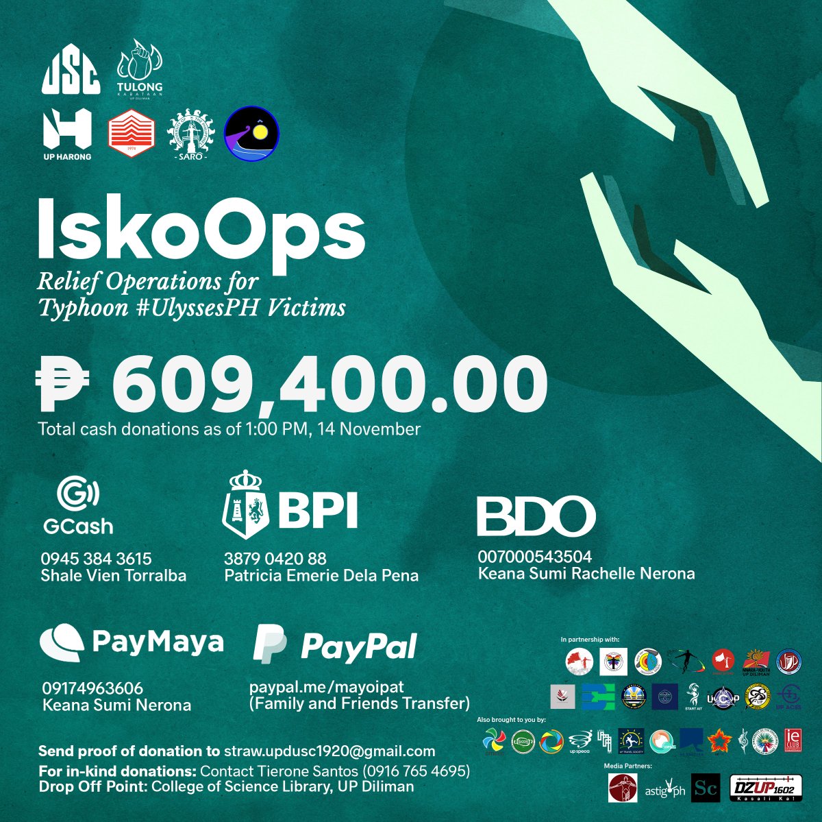 USCUPDiliman's tweet image. [#IskoOps: Update]

We would like to thank everyone who donated cash to those affected by the typhoon #UlyssesPH

Cash donations as of 1:00 PM, November 14: Php 609,400.00.