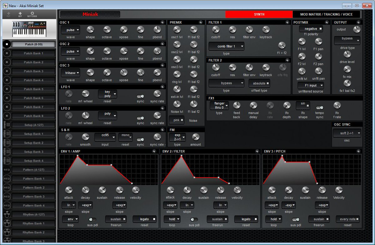 SoundQuestMS's tweet photo. Day 12. Let's finish off the week with a new Akai Miniak Editor/Librarian. This synth uses the same engine as the Alesis Ion and Micron. And like the Micron, Midi Quest has full Patch editing and librarian support. #MidiQuest #Akai #Miniak #SysEx https://t.co/P19w8Tvd41