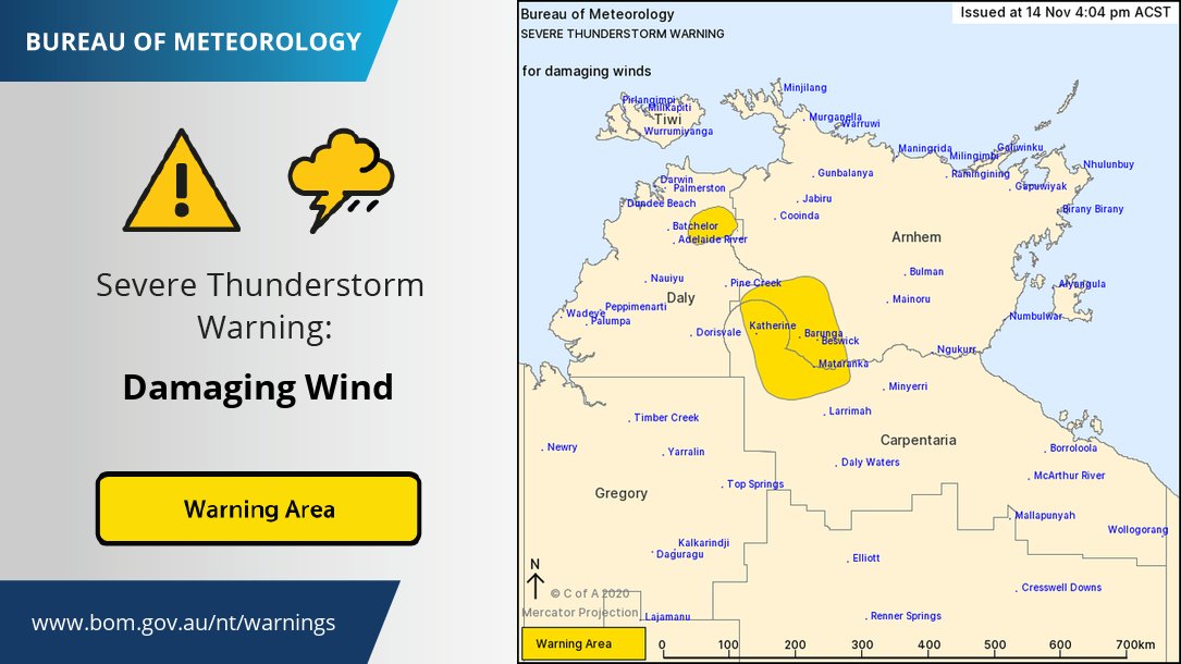 BOM_NT's tweet photo. ⚠️ Severe #Thunderstorm Warning for damaging wind gusts has been issued for parts of the #TopEnd including #Katherine, #Mataranka, #Barunga & #Beswick. See https://t.co/PPYjSuinXC for details and updates; follow advice from @secureTerritory https://t.co/KCyCkdv816