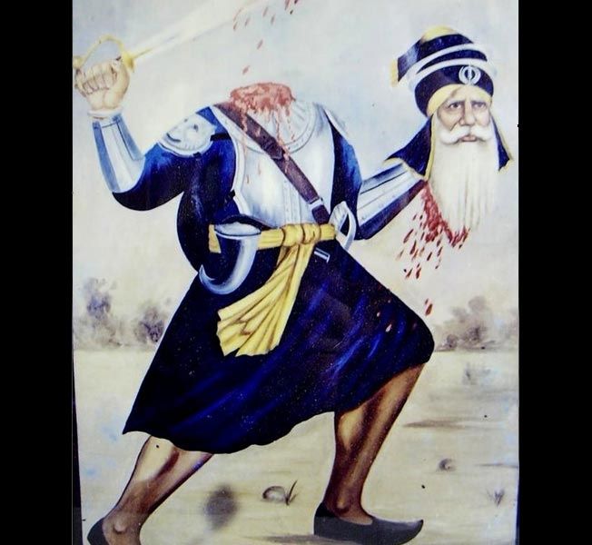 leaving both of their heads separated from their bodies. After seeing this scene, a young Sikh warrior called out to Baba Ji, reminding him of his vow to reach Sri Harimander Sahib. Upon hearing this, Baba Deep Singh Ji immediately stood up, (13/15)