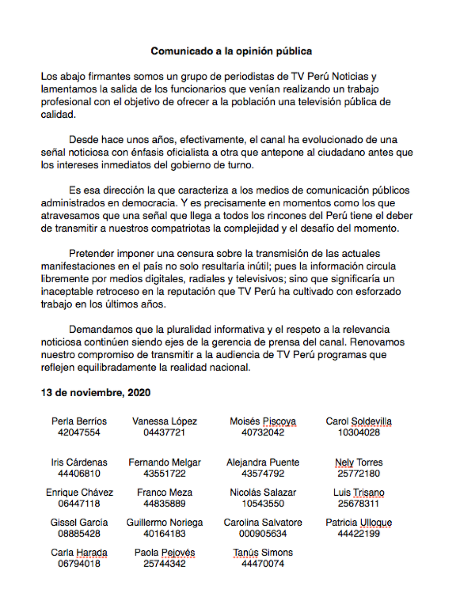 La protesta es un derecho ciudadano. Los periodistas de TV Perú nos debemos a la verdad y la pluralidad de la información con respeto irrestricto a la libertad de expresión. Nos acompañan miles de peruanos que siguen y confían en nuestro trabajo. Aquí nuestra posición.