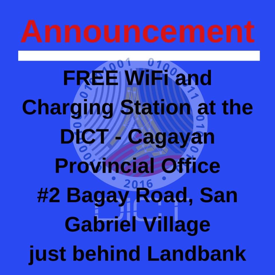 DICTgovph's tweet image. 📌ANNOUNCEMENT!!!

The DICT - Cagayan Provincial Office is offering FREE WiFi access and charging stations. 

Visit us at 2 Bagay Road, San Gabriel Village, Tuguegarao City 
(behind Landbank).

#DICT
#FreeWifiForAll
#CagayanNeedHelp
#rescuephtuguegarao
#RescuePH
