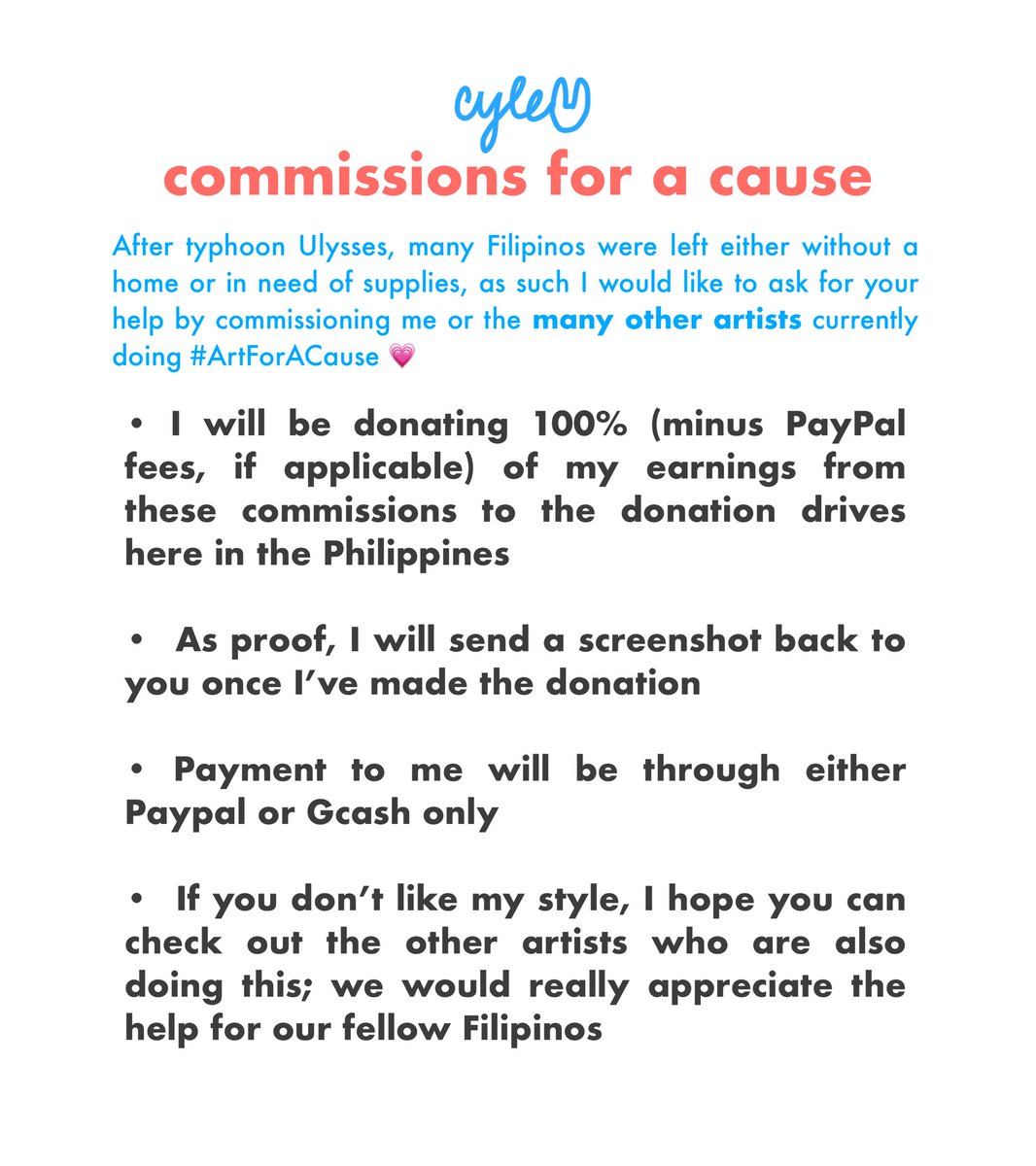 cylebunny's tweet photo. Hello! I’m opening 10 commission slots (for now) to donate to the victims of #UlyssesPH

Let’s all help each other during this difficult time, and if you don’t like my style, do perhaps consider all the other artists doing #ArtForACause! Thank you 💗

rts appreciated 🍃 https://t.co/SuUPaHhm6z