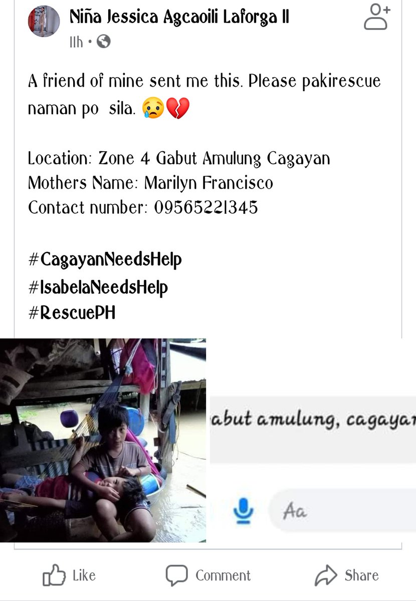 ZEEYOLANG's tweet photo. ‼️URGENT: STILL NOT RESCUED‼️

Location: Zone 4 Gabut Amulung Cagayan
Mothers Name: Marilyn Francisco
Contact number: 09565221345

#CagayanNeedsHelp
#IsabelaNeedsHelp
#RescuePH https://t.co/jjwqRWLGP2