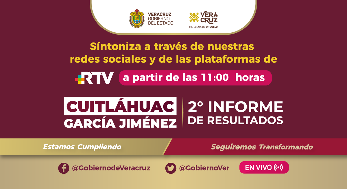 GobiernoVer's tweet photo. Sintoniza este lunes 16 de noviembre, el #2doInformeVeracruz del gobernador @CuitlahuacGJ.

⌚️11:00 horas
📲 A través de nuestras redes sociales y las plataformas de @RTVVeracruz.

¡#EstamosCumpliendo y #SeguiremosTransformando! https://t.co/DWDU5o8Pog