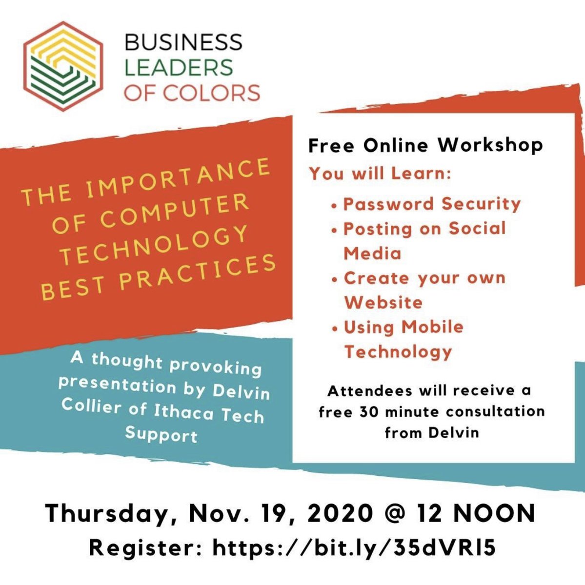 deeyall's tweet photo. "The Role of Computer Technology
in Times of Racial and Social Injustice" Online Workshop Nov 19, 2020 at 12 pm https://t.co/bbg2LPZhgU https://t.co/HJ5zfP5IWQ