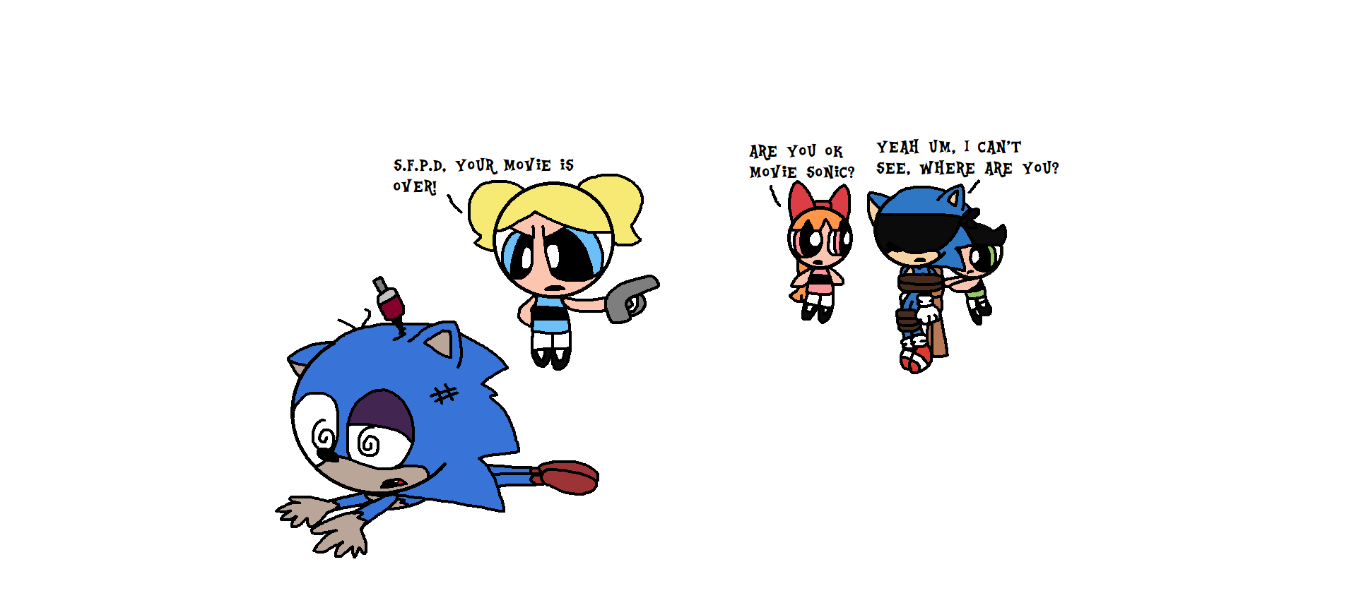 Randomfandom12 Auf Twitter Don T Worry Guys The Powerpuff Girls Have Defeated The Old Design Of Movie Sonic And Redesign Movie Sonic Has Been Rescued T Co W0gxyn7tsg Twitter