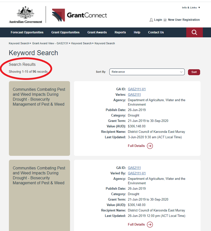 A search on Grant Connect for: "Communities Combating Pest and Weed Impacts During Drought - Biosecurity Management of Pest & Weed" revealed 96 records24 were amendments, leaving 72 grants for pest & weed management under a variety of titles worth $25+ mill #auspol  #insiders