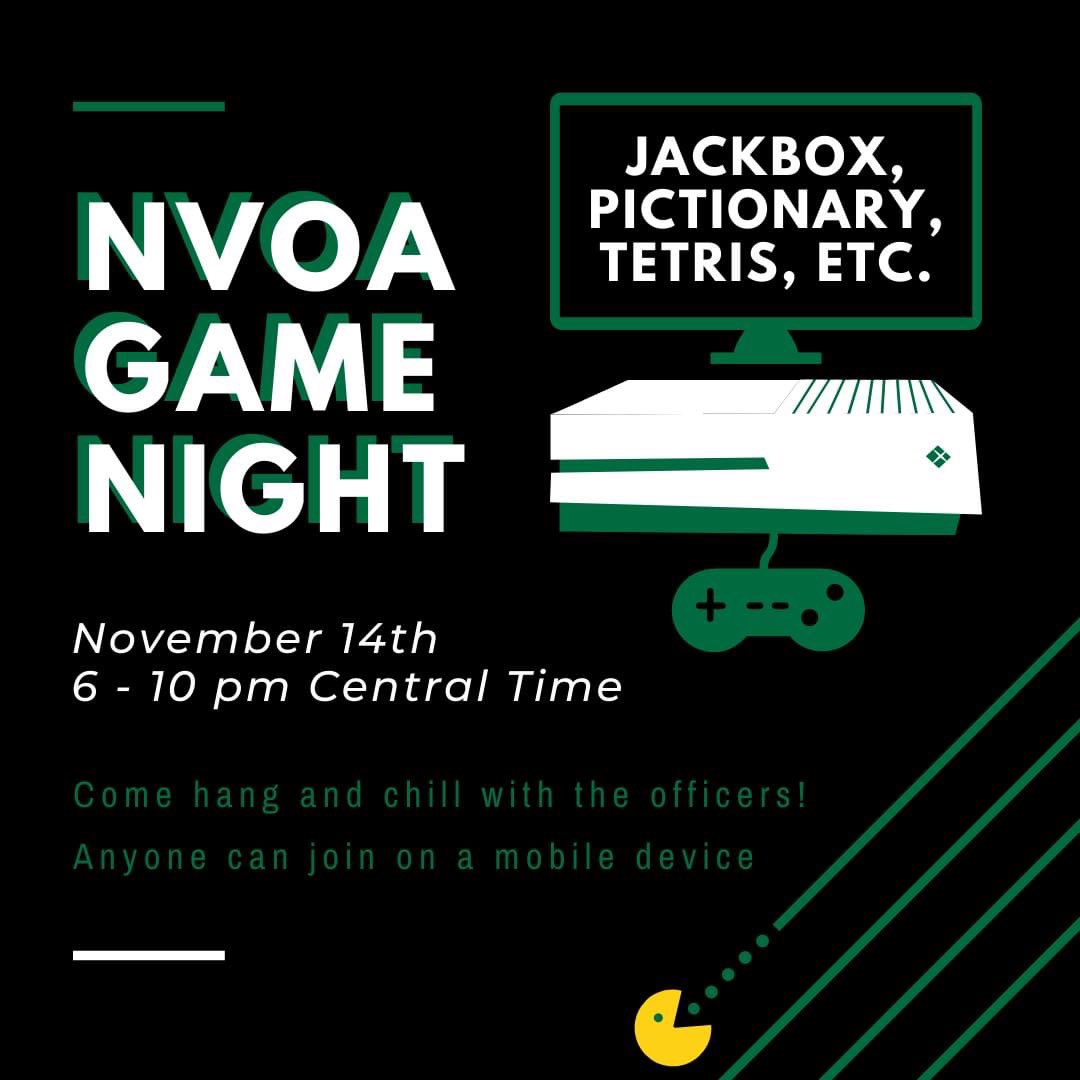 Join the National VOA on Saturday, November 14th between 6 pm and 10pm Central Time! We will be playing Jackbox Games, Pictionary, Tetris, and more! Anyone can join at any time, and make sure to pre-register using our link: Bit.ly/NVOAGames