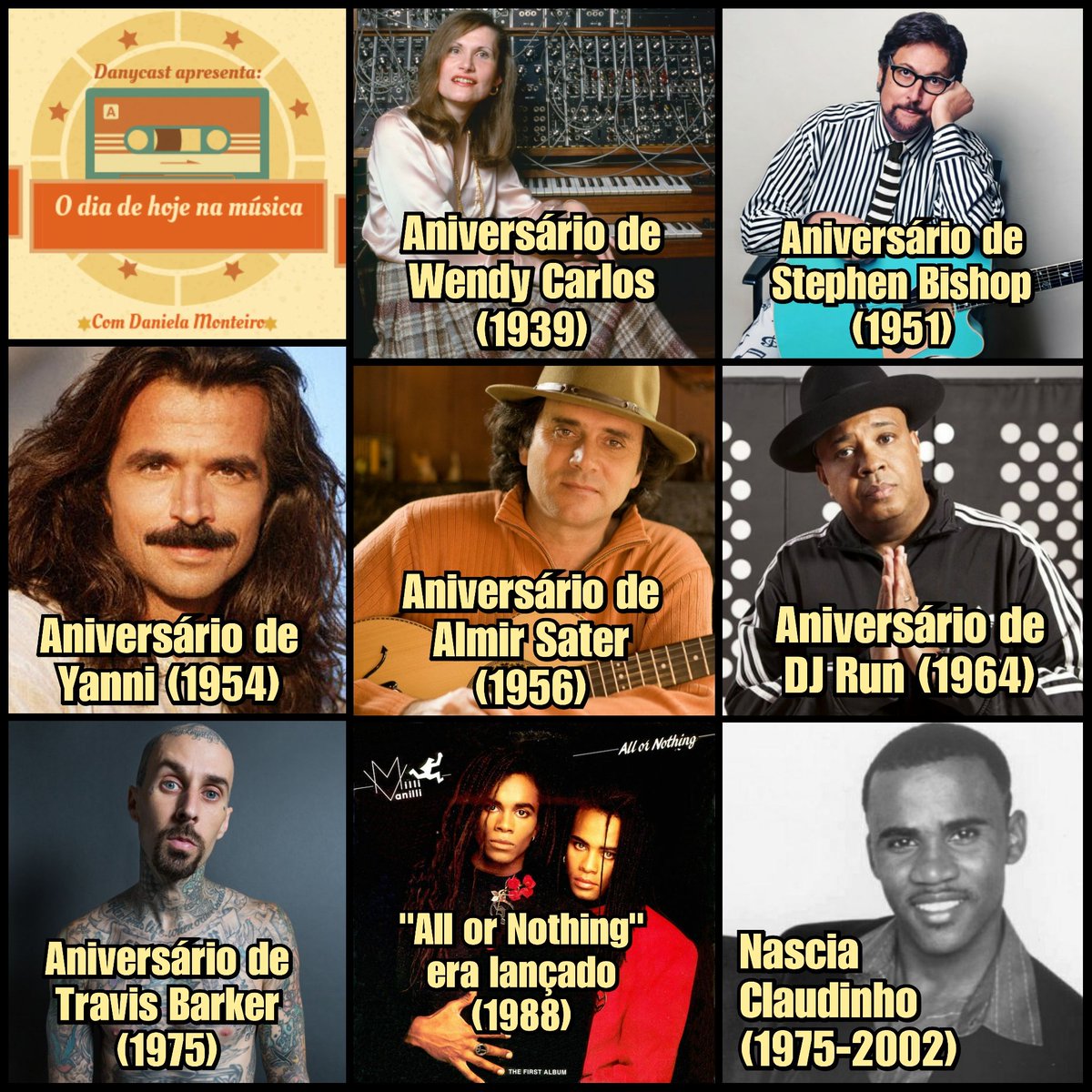 danielamonteiro's tweet photo. Edição 14 de novembro! 🎶
#danycast #thisdayinmusic #hojenamúsica #djrun #rundmc #wendycarlos #clockworkorange #TransIsBeautiful #transpride #claudinhoebochecha #millivanilli #almirsater #mpb #travisbarker #blink182 #yanni #stephenbishop https://t.co/H4gJeWEdFZ