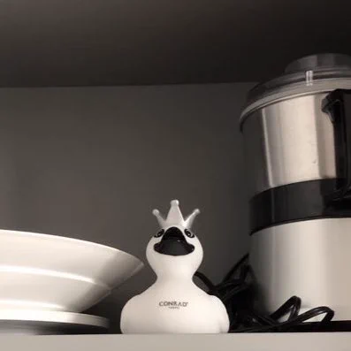 我が家にもいるアヒルちゃんは、お風呂ではなく何故か食器棚にいる。残念ながら放流するほど大きく育ってはいない。モノトーンカラーが素敵でとても大切にしているアヒルちゃん。お腹を押すとちゃんと「キュー」と鳴く。  