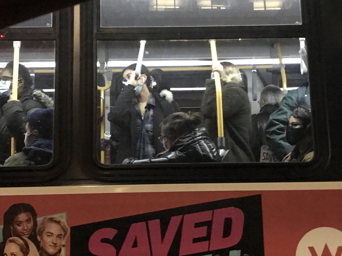 nikmarks's tweet photo. The is a #TTC bus near #hospitalrow at 1930- right after change of shift. Busses are packed, widows shit, no space. ⁦@fordnation⁩ we need to do better, these are your healthcare workers https://t.co/Z5TXTa1fh6