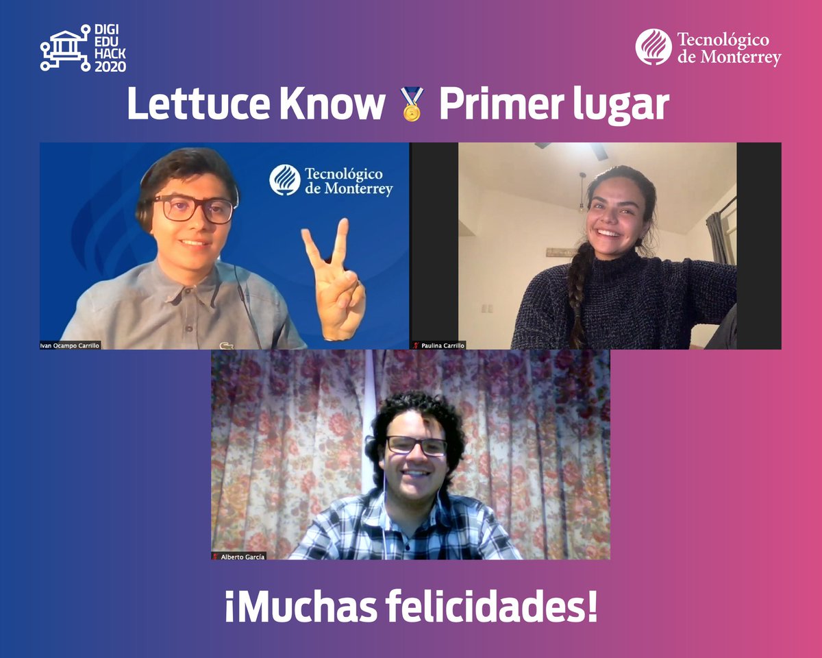TECcampusCVA's tweet image. #OrgulloTec ¡Felicitamos al equipo LETTUCE KNOW ganador del 🥇 1er lugar nacional del #DigiEduHack2020, un Hackatón virtual enfocado en desarrollar soluciones innovadoras a los desafíos en la educación y redefinir el aprendizaje en el mundo post-pandémico. 🐏⚡️💙

¡Enhorabuena!