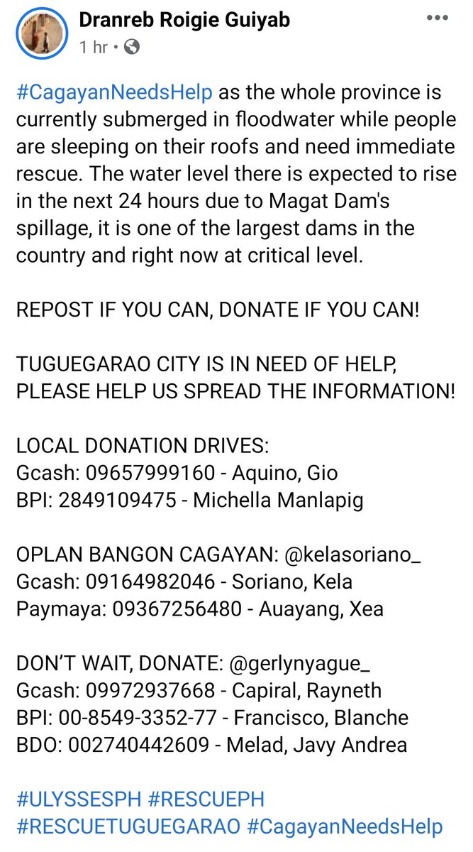 simp4osamu's tweet photo. REPOST IF YOU CAN, DONATE IF YOU CAN! 

LOCAL DONATION DRIVES:
Gcash: 09657999160 - Aquino, Gio
BPI: 2849109475 - Michella Manlapig

OPLAN BANGON CAGAYAN: @kelasoriano_
Gcash: 09164982046 - Soriano, Kela
Paymaya: 09367256480 - Auayang, Xea

#CagayanNeedsHelp
#RESCUEPHTUGUEGARAO https://t.co/gXE8efRvDq