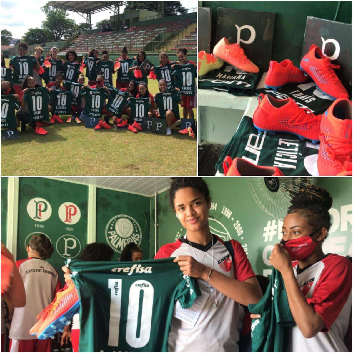 MuseuVarzea's tweet photo. Antes da partida de hoje pelo Paulista, o Palmeiras presenteou as meninas do Taboão da Serra com chuteiras, camisas e livros.
𝕍𝕒𝕞𝕠𝕤 𝕛𝕦𝕟𝕥𝕠𝕤 tornar o futebol feminino cada vez mais forte! 
 @palmeiras
O #Palmeiras venceu o #Cats por 16a0.@DoentesPFutebol @apaixonadasfut https://t.co/aUb7yzjvoo