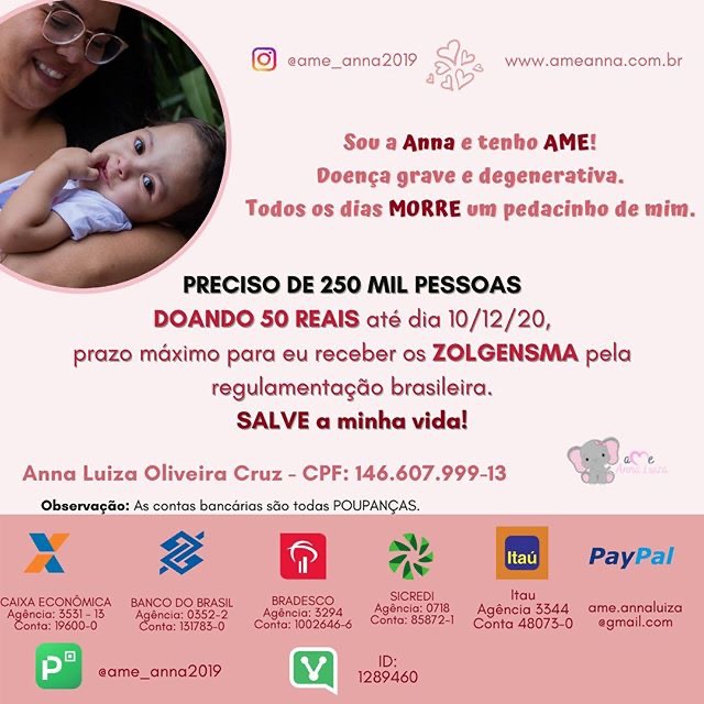 ame_anna2019's tweet photo. Se nos unirmos podemos conseguir o Zolgensma para mim!!
O Brasil tem mais de 200 milhões de habitantes, mas se somente 250 mil pessoas me ajudarem doando R$ 50 reais, eu consigo os R$ 12 milhões de reais!
ME SALVEM!
#30diasparasalvaraAnna #SergioERosangelamorosalvemAAnnademaringa https://t.co/wyJTbXfQyQ