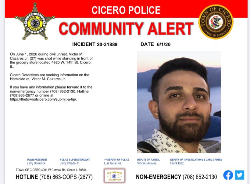 TOCPolice's tweet photo. Community Alert - Please contact the Cicero Police Department if you have any information pertaining to the homicide of Victor Cazares Jr. https://t.co/onZXd46Oc7