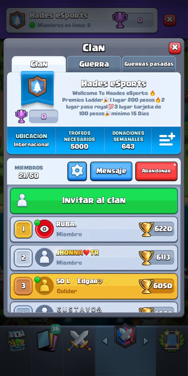 ✨Anunció✨
Premios Ladder de esta temporada  
Clan Hades eSports 
Primer lugar:💸200 pesos
Segundo Lugar:Pass royal
Tercer lugar:Tarjeta de 100 de gogle play✨ 
Mínimo 14 días
Gracias a los de staff @Edgarcr20005
<a href="/ImperioHuastek/">Alan Waserone</a> 
<a href="/lilcali_/">cali</a>