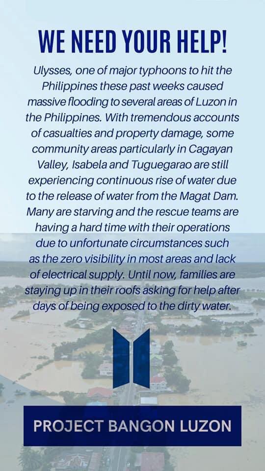 jjkfied's tweet photo. PROJECT BANGON LUZON: A donation drive made by PH ARMYs

This donation drive was made to help the affected families to recover from typhoon Ulysses &amp; to provide food and basic necessities for them.

please RETWEET and Donate if you can 🙏🏻 ++ 
#CagayanNeedsHelp https://t.co/IwXQrNhOpy