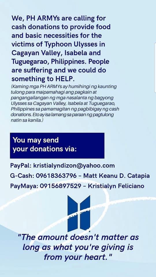jjkfied's tweet photo. PROJECT BANGON LUZON: A donation drive made by PH ARMYs

This donation drive was made to help the affected families to recover from typhoon Ulysses &amp; to provide food and basic necessities for them.

please RETWEET and Donate if you can 🙏🏻 ++ 
#CagayanNeedsHelp https://t.co/IwXQrNhOpy