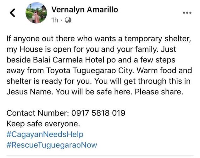 forddjen's tweet photo. ‼️ REPOST ‼️ 

TO THOSE WHO NEEDS TEMPORARY SHELTER IN CAGAYAN 
Name: Vernalyn Amarillo
Address: beside Balai Carmela Hotel, few steps away from Toyota Tuguegarao
Contact #: 0917 5818 019 
#CagayanNeedsHelp 
#RescuePH https://t.co/Hs41u3jrQW