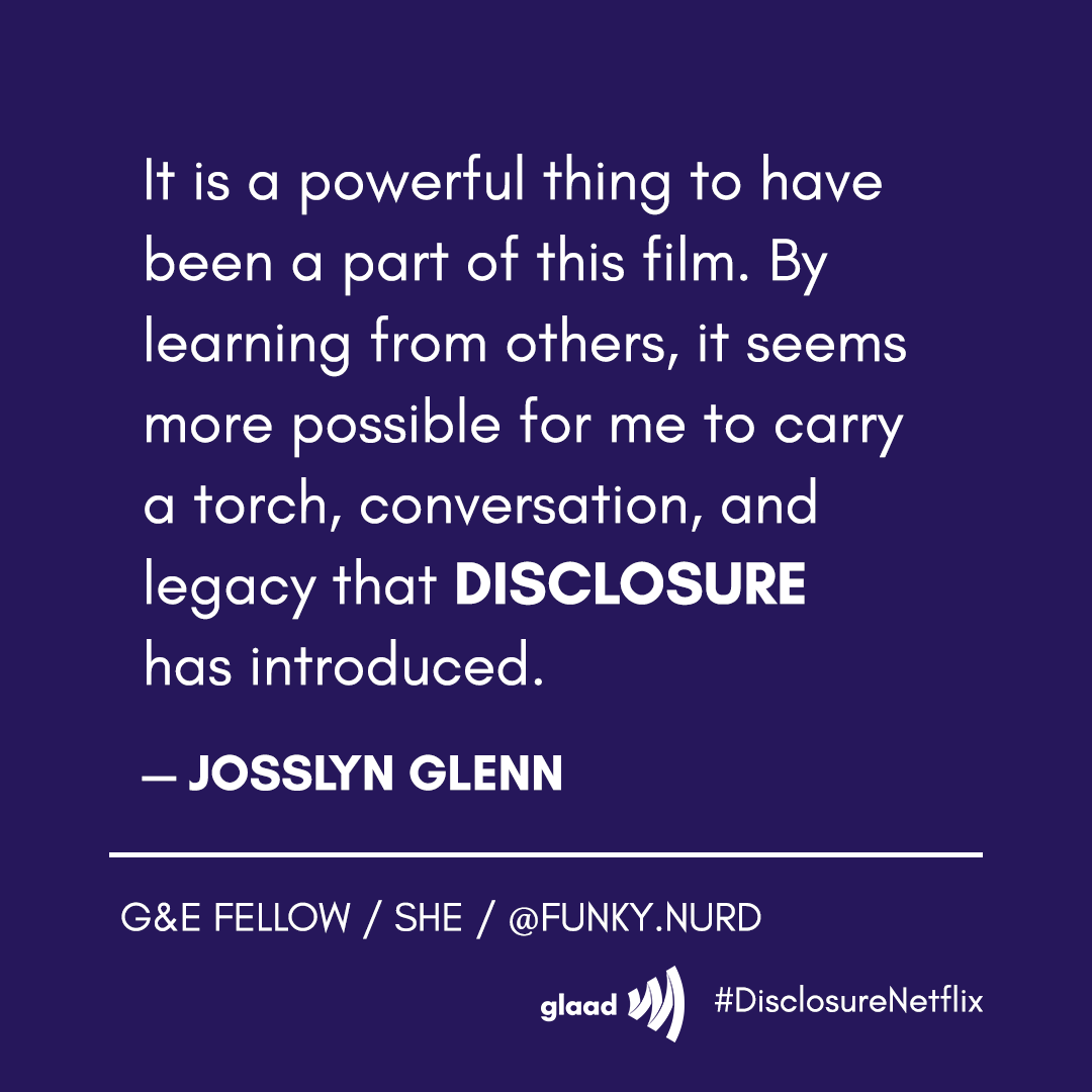 Disclosure_Doc's tweet photo. @glaad @Lavernecox @SamFederFilm @NetflixFilm @Most Isn’t this beautiful? Our G&E Fellow Josslyn Glenn (@Funky_Nurd) explains how being part of #DisclosureNetflix has made her more connected to a legacy and future that our film helped document.
#TransAwarenessWeek #DisclosureBTS w/ @glaad https://t.co/DiVqyM7CW4