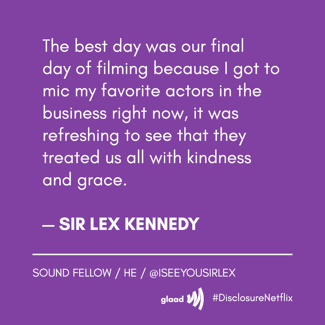 Disclosure_Doc's tweet photo. @glaad @Lavernecox @SamFederFilm @NetflixFilm @Most Every show, every film, every day has the opportunity to create a welcoming and inclusive environment on set.
We’ve been honoring #TransAwarenessWeek by showcasing members of our talented crew in our special #DisclosureBTS series in partnership with @GLAAD. https://t.co/JCuEuvJDIv