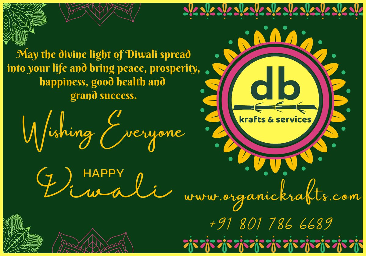 May the divine light of Diwali spread into your life and bring peace, prosperity, happiness, good health and grand success.
Wishing everyone a #HappyDiwali

#organickrafts #dbkrafts #india #bamboocraft #ecofriendly #kalipuja #aatmanirbharbharat #tripura 
@kamesh_wbo @BNMohanty86