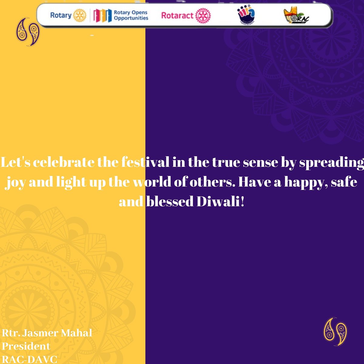 DavcRotaract's tweet photo. 🪔Greetings Rotaractors!!!🪔

The Rotaract Club of DAV Chandigarh wishes one and all a Happy and Prosperous Diwali.With Deepawali knocking at our doors, the air is resplendent with exuberance of festivity. 🎉🎊.☘️☘️

🪔🪔May the light of thousand earthen lamps brighten your life. https://t.co/hynpvPsmXe