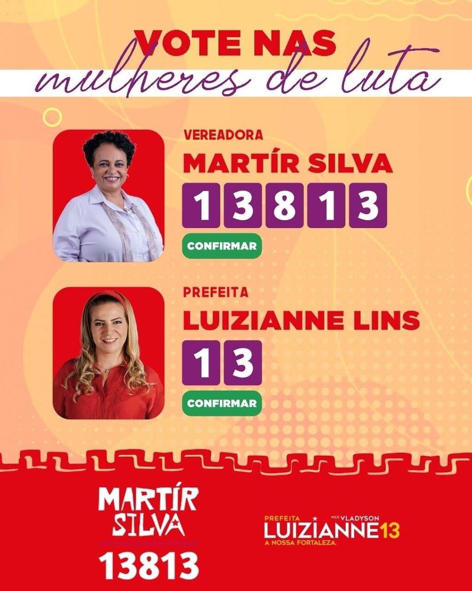 rosariofrota's tweet photo. “Aquele post pra você compartilhar com os amigos e familiares indecisos. 😉 Domingo é Luizianne Lins 13 e Martir Silva 13813!!! “
.
#MulherPreta #MartirSilva13813 #mulheresnopoder #mulheresdeesquerda #voteemmulher #negrasnopoder #ptceara #Luizianne13 #FortalezaParaTodasEtodos https://t.co/0GJA5zHcDp