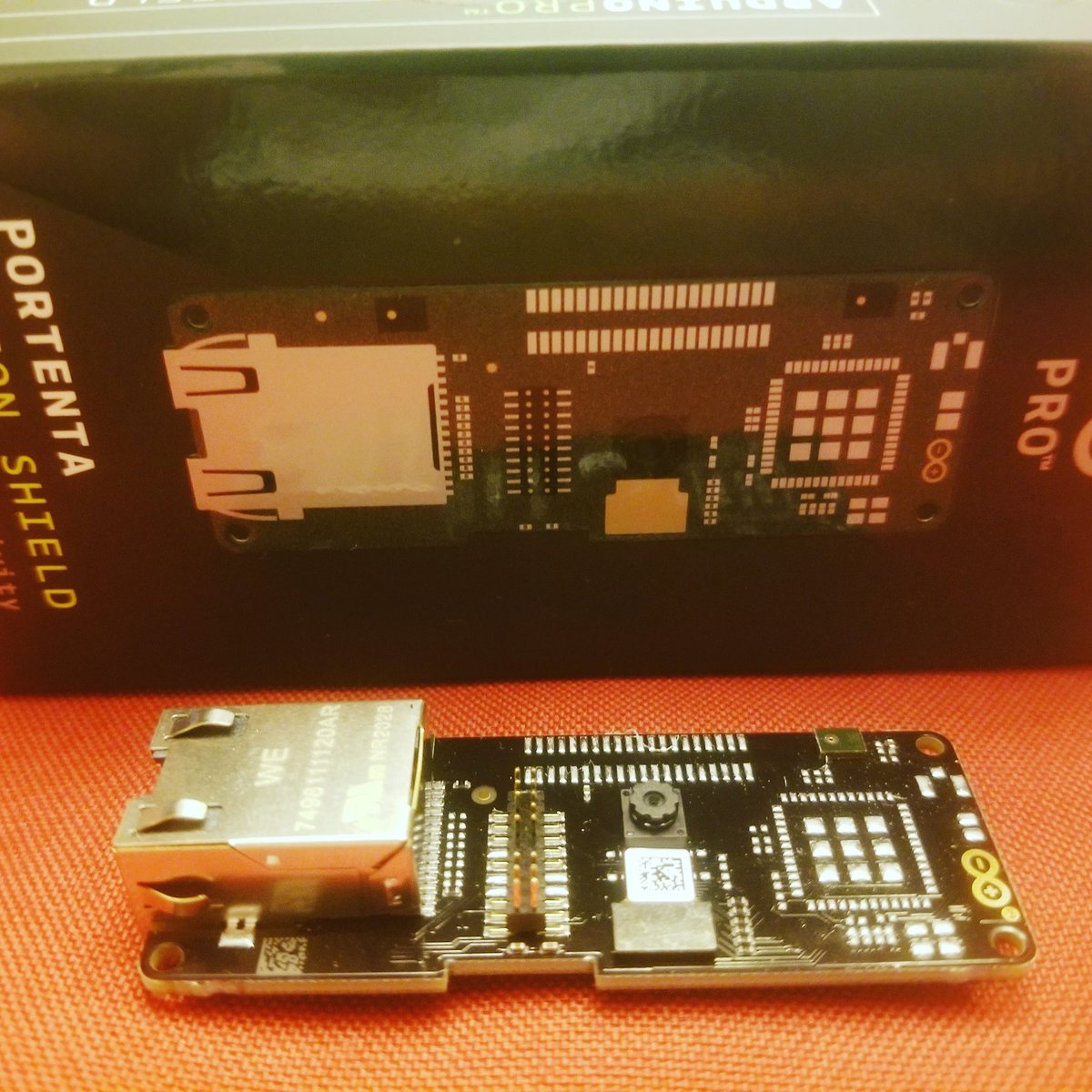 rocksetta's tweet photo. My purchased @arduino #PortentaVisionShield just arrived. Thinking @openmvcam and some #microPython first, then slide over to @EdgeImpulse and see what #MachineLearning #deepLearning this little module that clips onto the #PortentaH7 dual core can do. https://t.co/9Em5AMgnWv