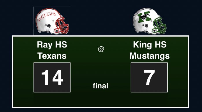 Ray Texans Win!!! Good job to King, they played a great game.
14-7 Ray Texans come out on top!
@361HSblast @RKingFootball1 <a href="/wbrayfootball/">Coach Craig Charlton</a> <a href="/STFUnltd/">South Texas Football Unlimited🏈</a>