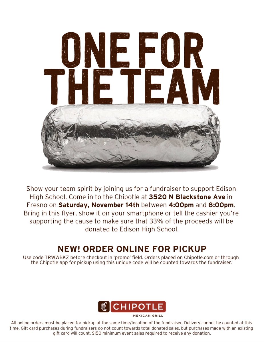 edisonclass2021's tweet photo. Come support the Senior Class! Tomorrow from 4pm-8pm, order from the Manchester Chipotle &amp; show this flyer for part of the proceeds to help fund our Edison Seniors! For online ordering use the code: TRWWBKZ 🌯 https://t.co/XfyOdq6Ul1