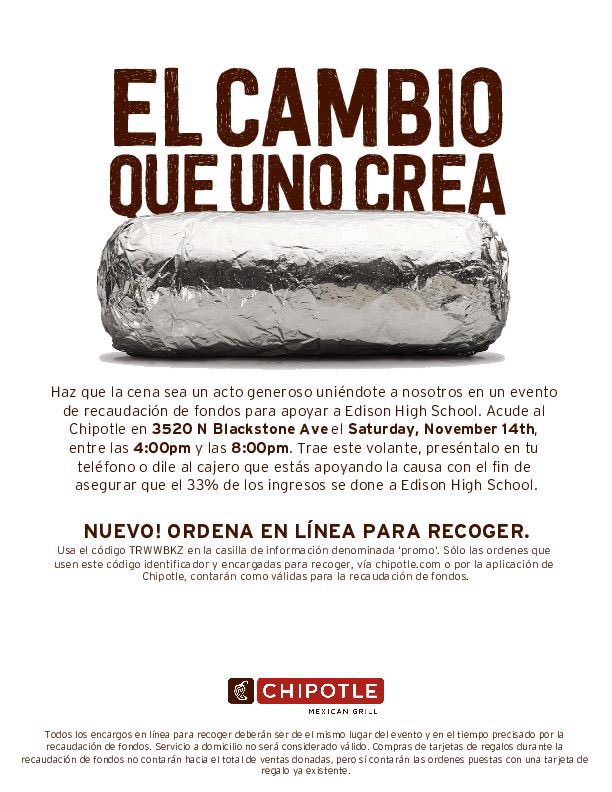 Come support the Senior Class! Tomorrow from 4pm-8pm, order from the Manchester Chipotle &amp; show this flyer for part of the proceeds to help fund our Edison Seniors! For online ordering use the code: TRWWBKZ 🌯