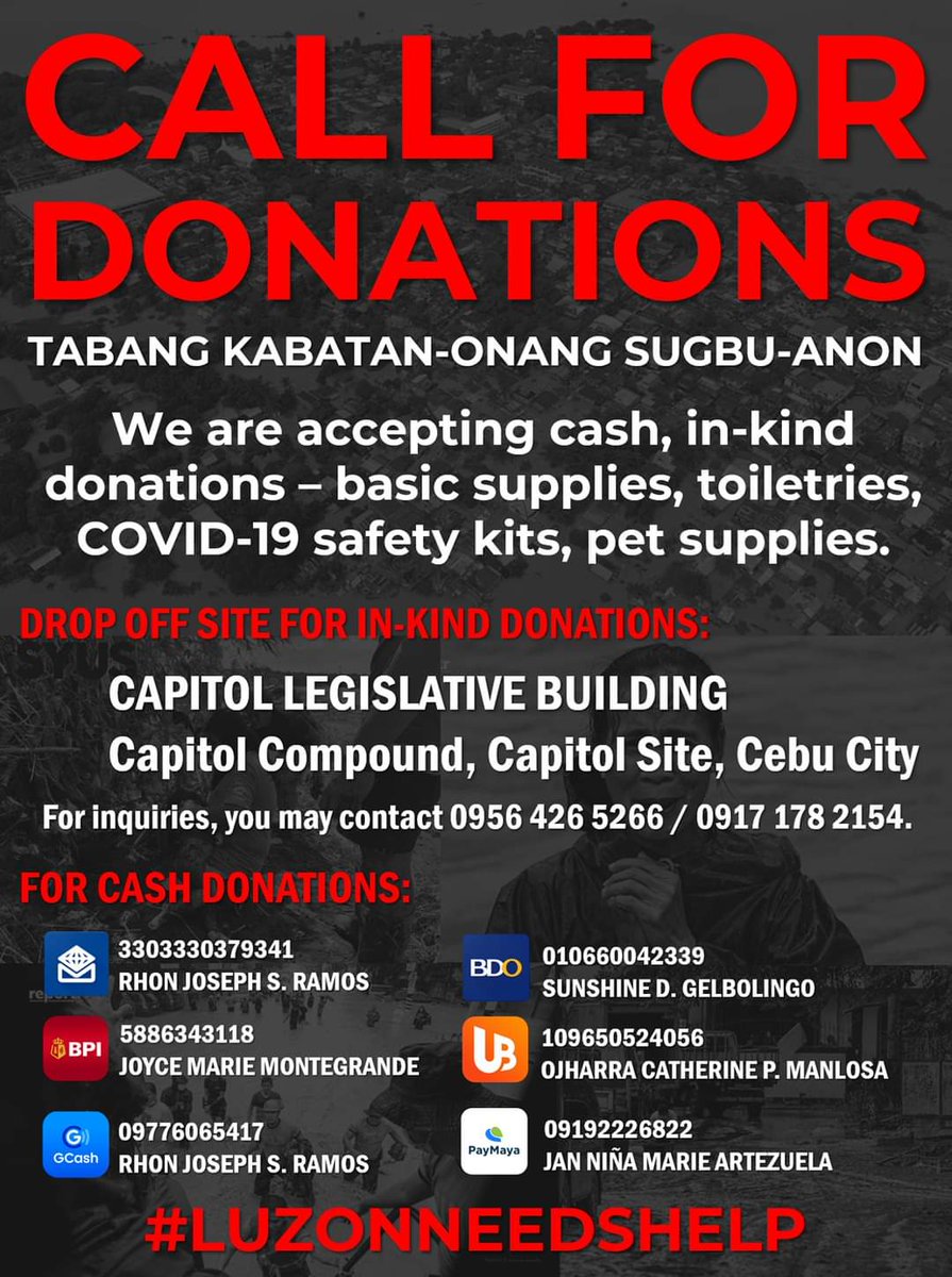 YUNNA061995's tweet photo. CALL FOR DONATIONS!
You can help the TYPHOON VICTIM in LUZON! 

Our donation drive comes in 4 way:

1. Cash Donation
2. In-Kind Donation
3. COVID-19 Safety Kits
4. Pet Needs/Supplies

Our drop off site for the in-kind donations will be at the  Capitol Legislative Building https://t.co/Y8Jp3Z0QYe