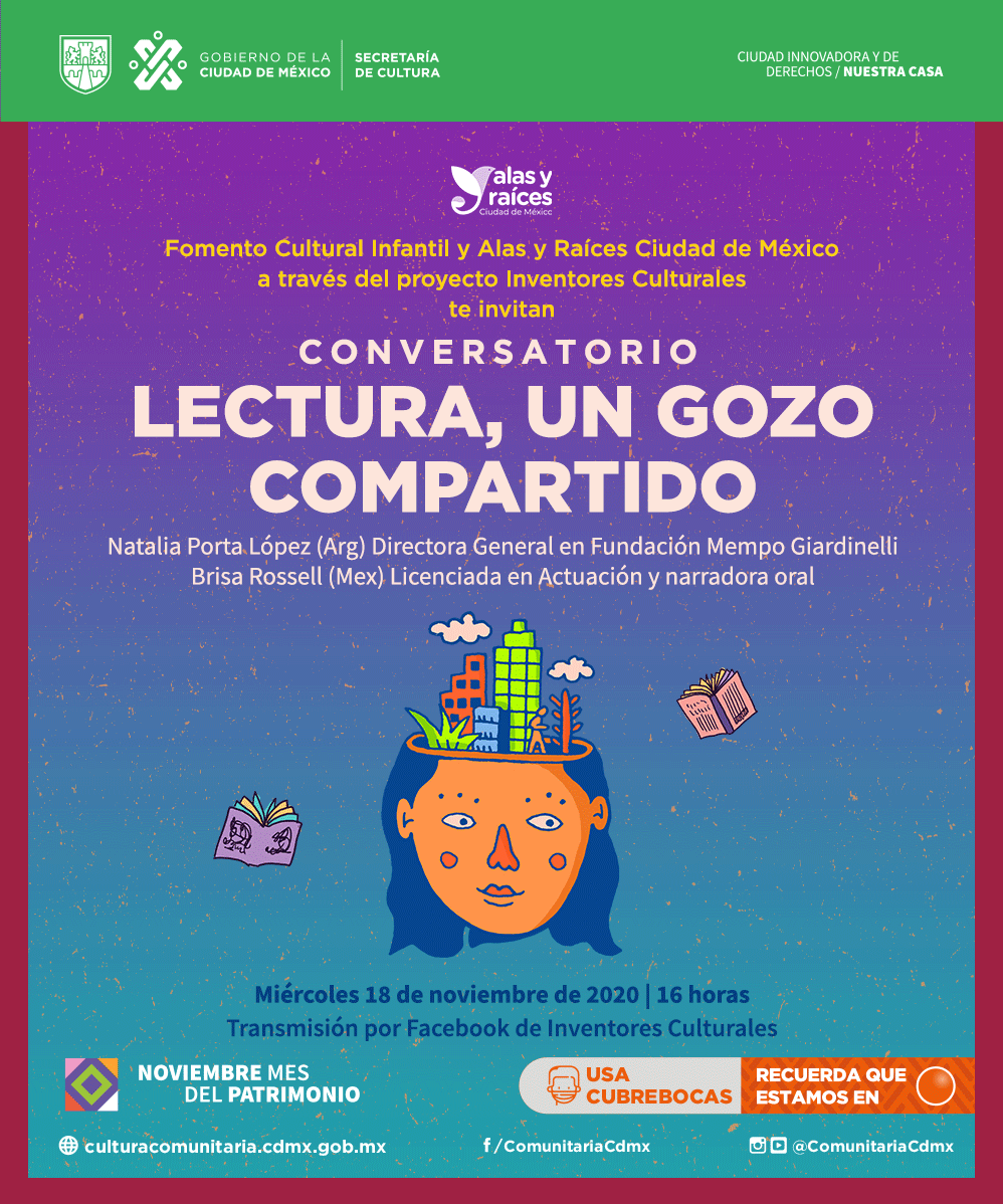 CulturaCiudadMx's tweet photo. .@AlasyRaices te invita al conversatorio virtual "Lectura, un gozo compartido".

Transmisión: 18 de noviembre, 16 horas, en el Facebook de Inventores Culturales: https://t.co/G9vYfV1hex

#CapitalCulturalEnNuestraCasa https://t.co/xmzyAInca0