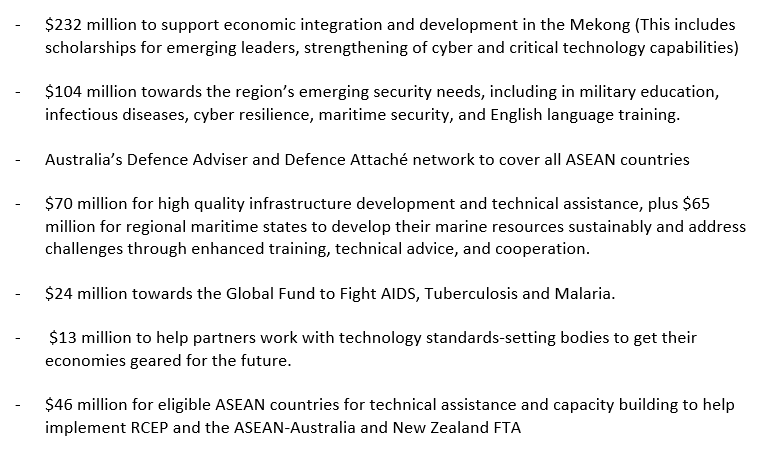 stephendziedzic's tweet photo. Breaking - here are the details of the Southeast Asia package unveiled by Scott Morrison at today's ASEAN-Australia meeting. Australia has promised more than $550 million to fund a series of new economic, development and security programs https://t.co/UFYJi7DRns