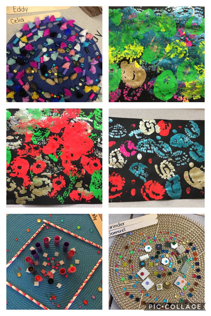 WRkinders's tweet photo. Fireworks in night sky and loose part Mandalas.  Happy Diwali! https://t.co/HHICNIgUtl