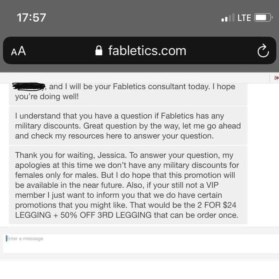 mx_chaosgremlin's tweet photo. So this was posted in one of my mom's women veterans groups on Facebook. I'm beyond appalled and disgusted with @Fabletics. Women have served in the military for over 100 years. This policy is disrespectful and sexist. #BoycottFabletics #WomenAreVetransToo https://t.co/mzwfHDdeTU