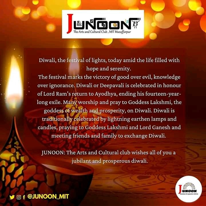 junoonmit's tweet photo. Diwali, the festival of lights, today amid the life filled with hope and serenity. The festival marks the victory of good over evil, knowledge over ignorance.
#DiwaliCelebration2020
#Diya
#diwali #festival #junoon_mit #mit_muzaffarpur https://t.co/rKhX6NHUtI