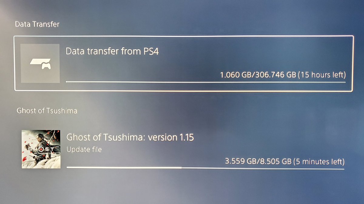 SpeedBrkr's tweet photo. Me transferring PS4 data to my PS5... over wi-fi. ☠ #FsInTheChat https://t.co/ViCrjfbldK