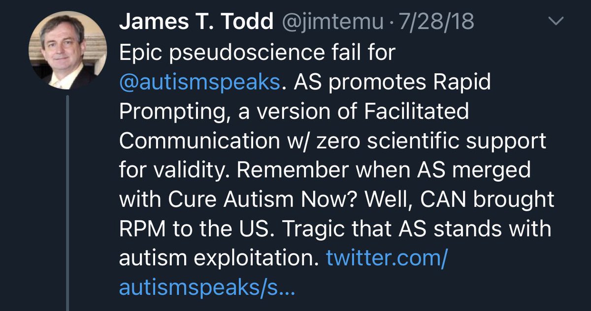 Here James Todd chides Autism Speaks for “bringing RPM to the US” because Cure Autism Now brought Tito Mukhopadhyay and his mother, Indian immigrants, to the US to learn how a “severe” autistic can type. Autism Speaks apparently published a blog about RPM (see next tweet)  https://twitter.com/jimtemu/status/1023147688630607873