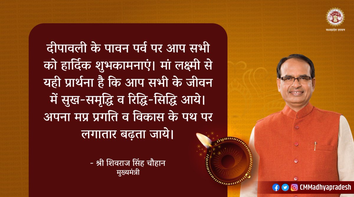 CMMadhyaPradesh's tweet photo. मुख्यमंत्री श्री @ChouhanShivraj ने दीपावली के पावन पर्व पर सभी को हार्दिक शुभकामनाएं दी हैं। सीएम ने कहा है कि मां लक्ष्मी से यही प्रार्थना है कि आप सभी के जीवन में सुख-समृद्धि व रिद्धि-सिद्धि आये। अपना मप्र प्रगति व विकास के पथ पर लगातार बढ़ता जाये।

#CMMadhyaPradesh https://t.co/EWtTTUo21L