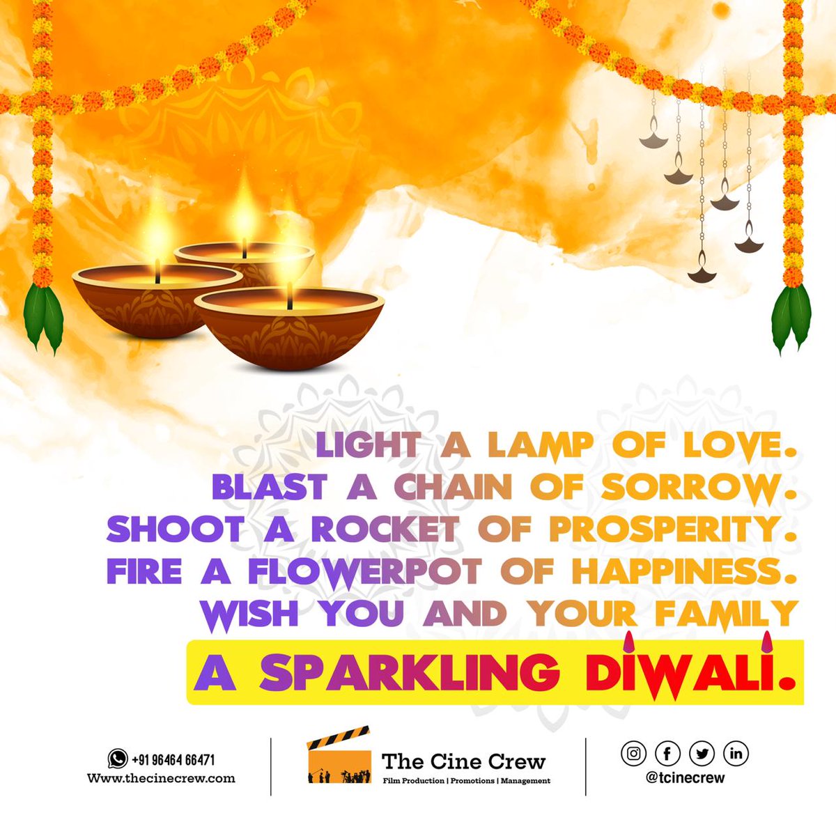 TCinecrew's tweet photo. 🕯️🪔🪔🪔 Light a lamp of love. Blast a chain of sorrow. Shoot a rocket of prosperity. Fire a flowerpot of happiness. Wish you and your family A Sparkling Diwali.🪔🪔🪔🕯️
.
.
.
#happydiwali�� #celebrations #sparkling #thecinecrew #family #wishes #diwalivibes #spreadlove #enjoylife https://t.co/351AUNNcEN